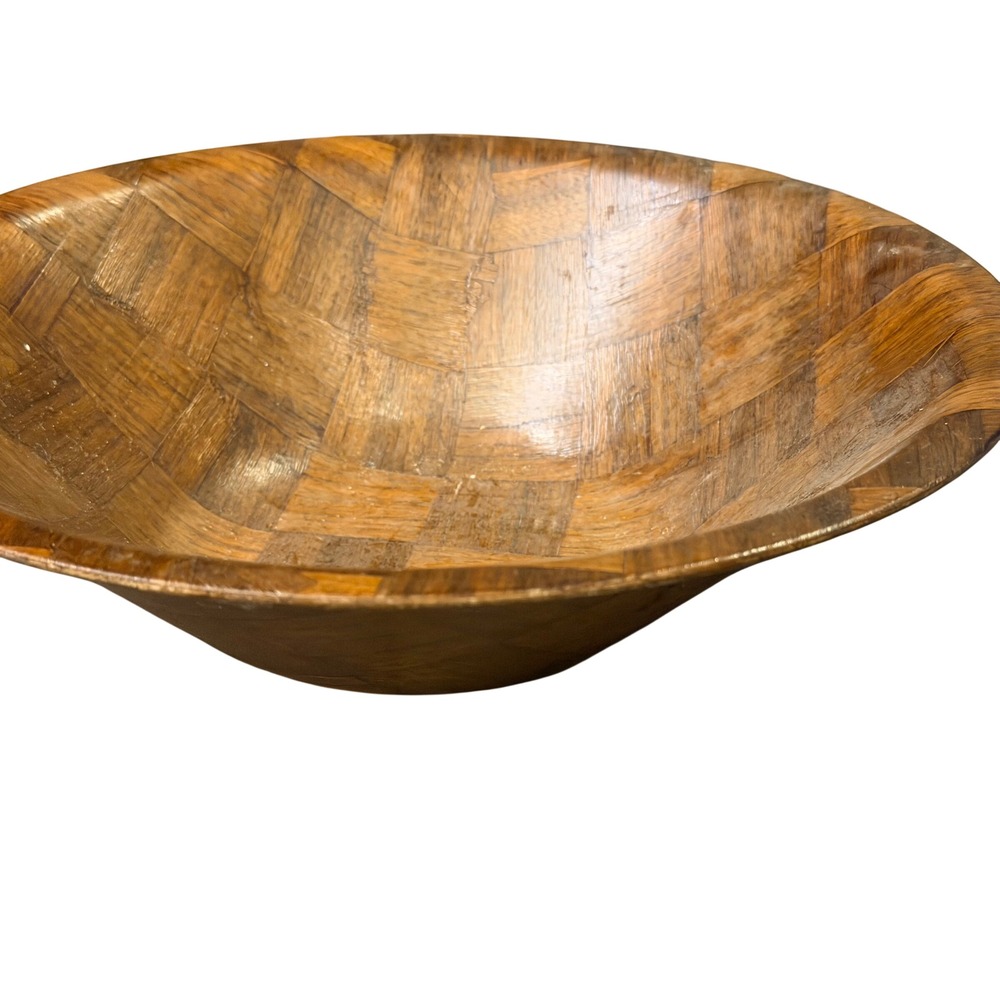 Vintage Mid Century Modern 14" Woven Wood Large Salad Serving Bowl Parquet